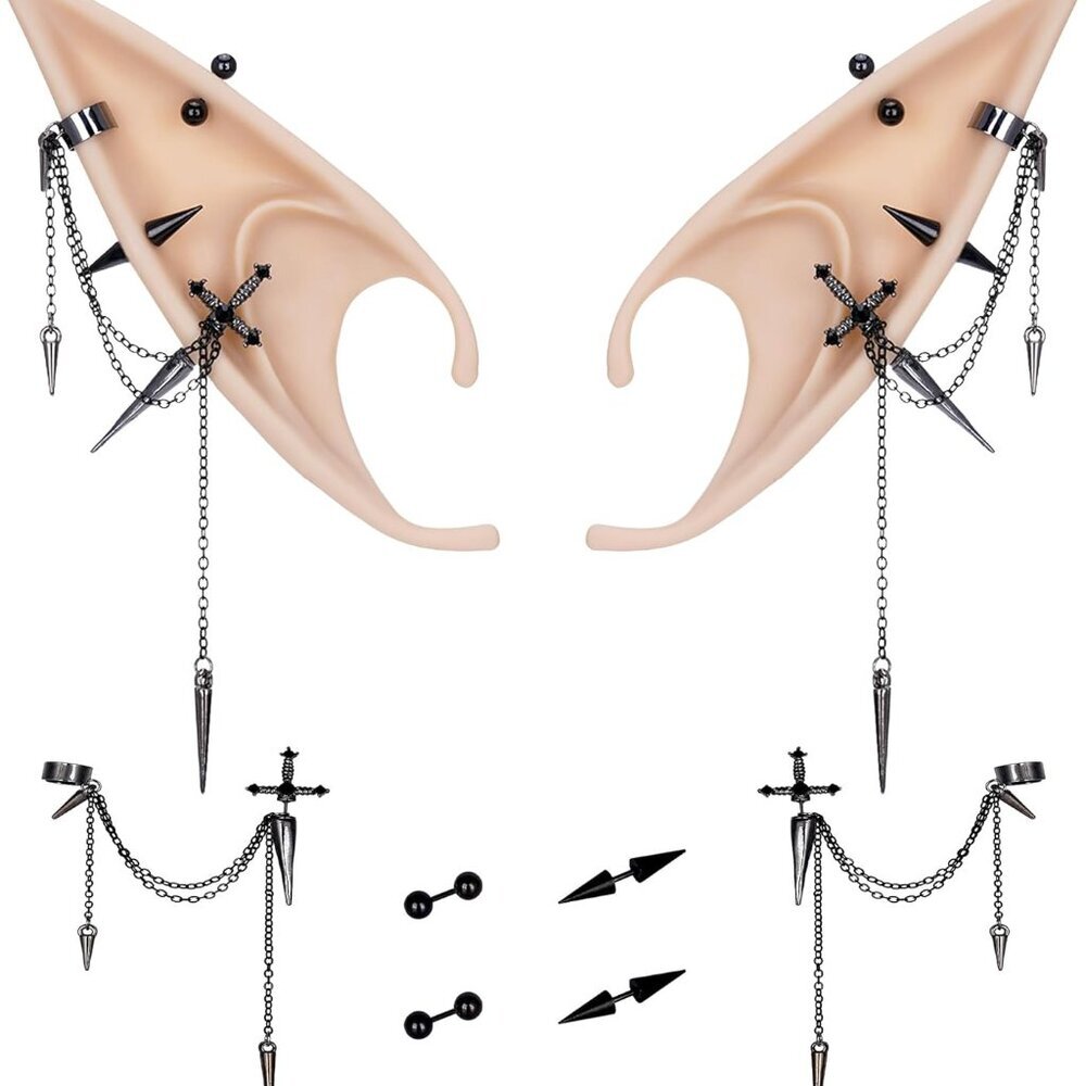 2 Pairs of Fairy Elf Ears with Sliver Piercings - Gothic Elf Ear Cuffs Skull Ros